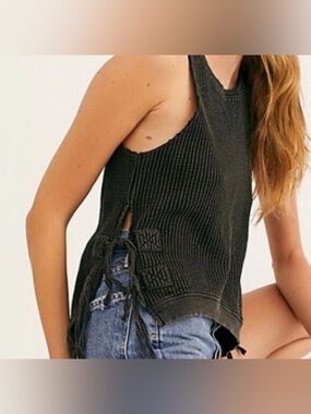 FP One Faded Black Rib Knit Fringe‑Tie Tank Top Small